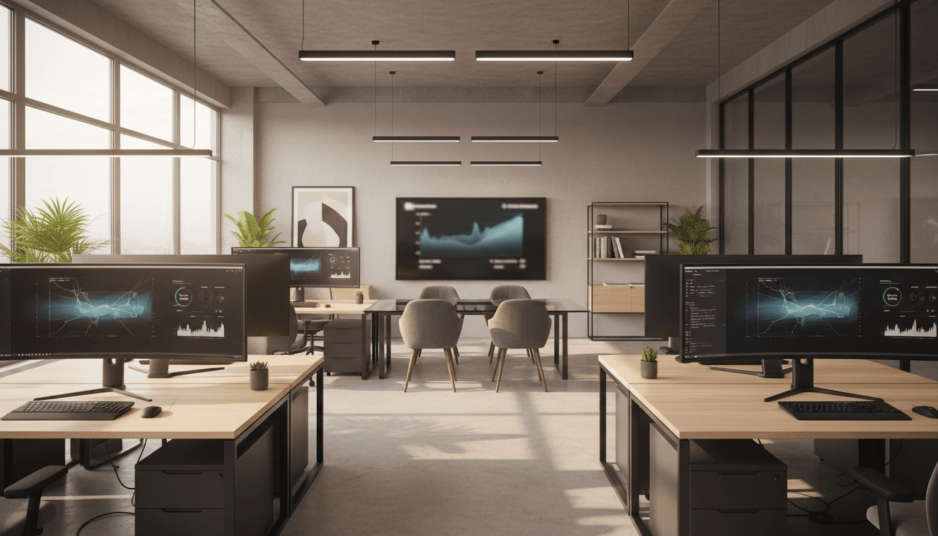 Modern professional office with warm natural lighting and sleek technology equipment