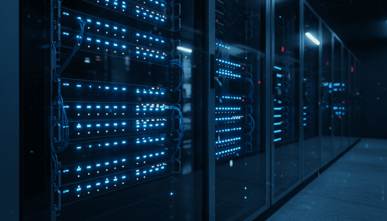 Close-up of glowing server rack with blue LED indicators in a dimly lit data center