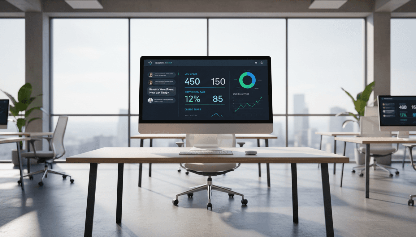 Computer monitor displaying real estate chatbot dashboard with multiple chat conversations and lead metrics