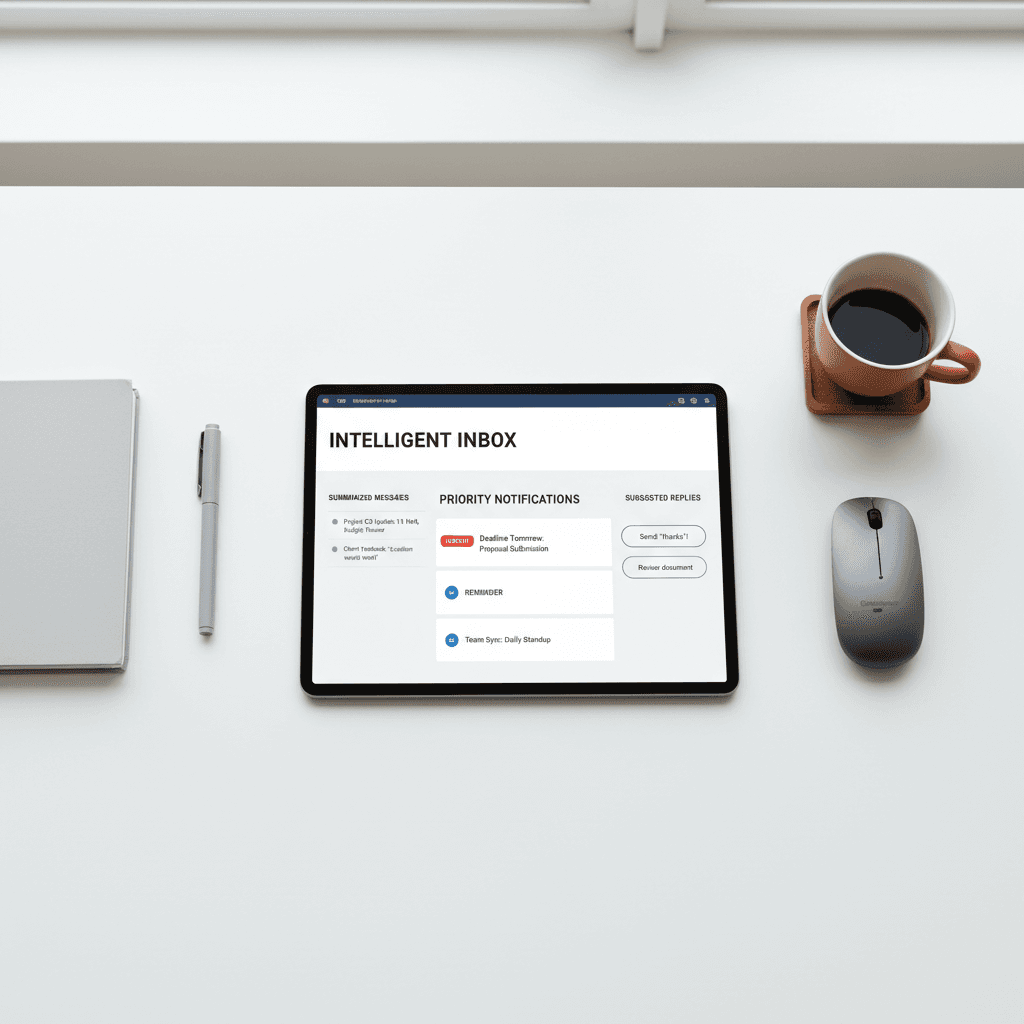 Overhead view of tablet displaying email dashboard with suggested replies and priority messages on organized, minimalist workspace