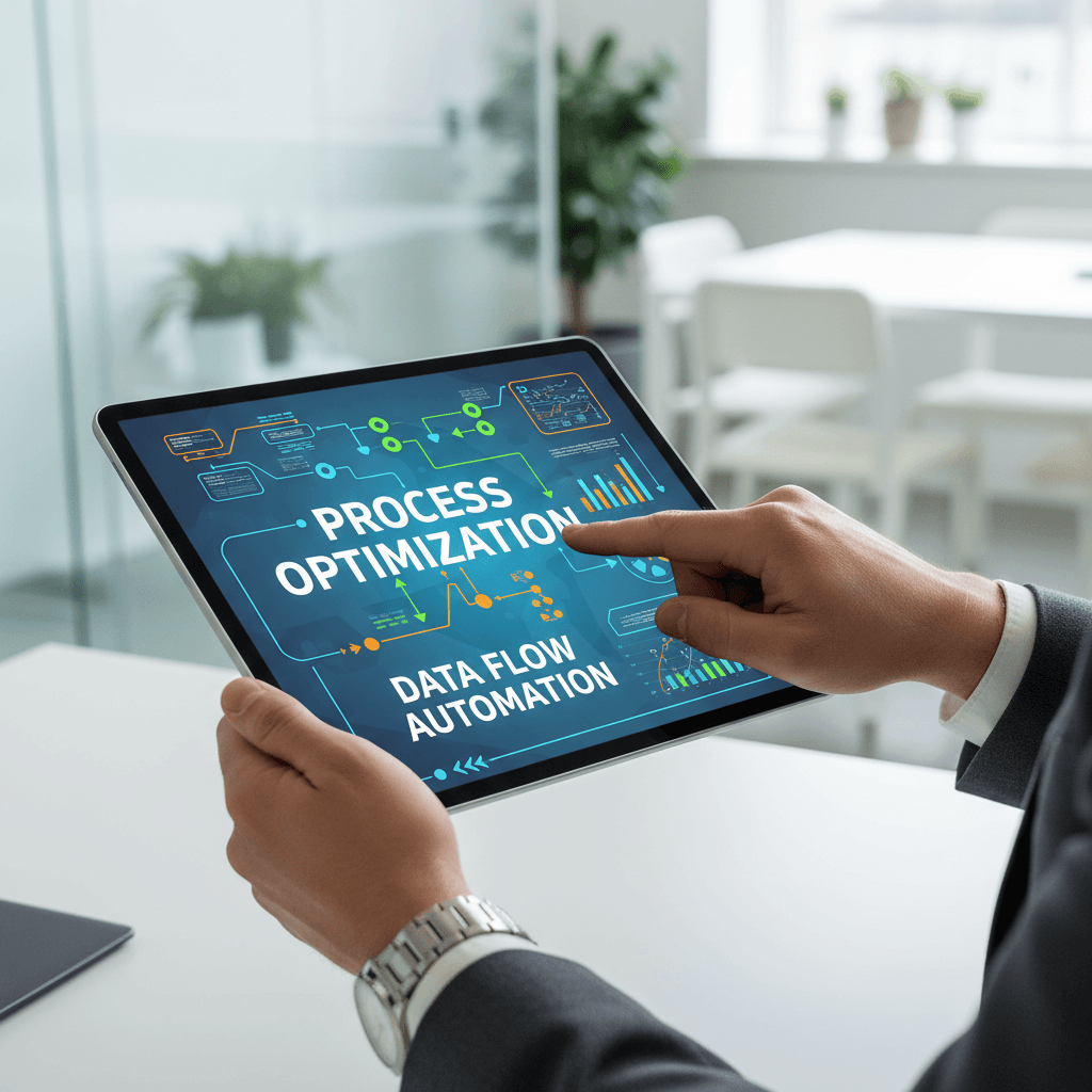 Consultant hands pointing at workflow automation diagrams on tablet screen in bright office setting