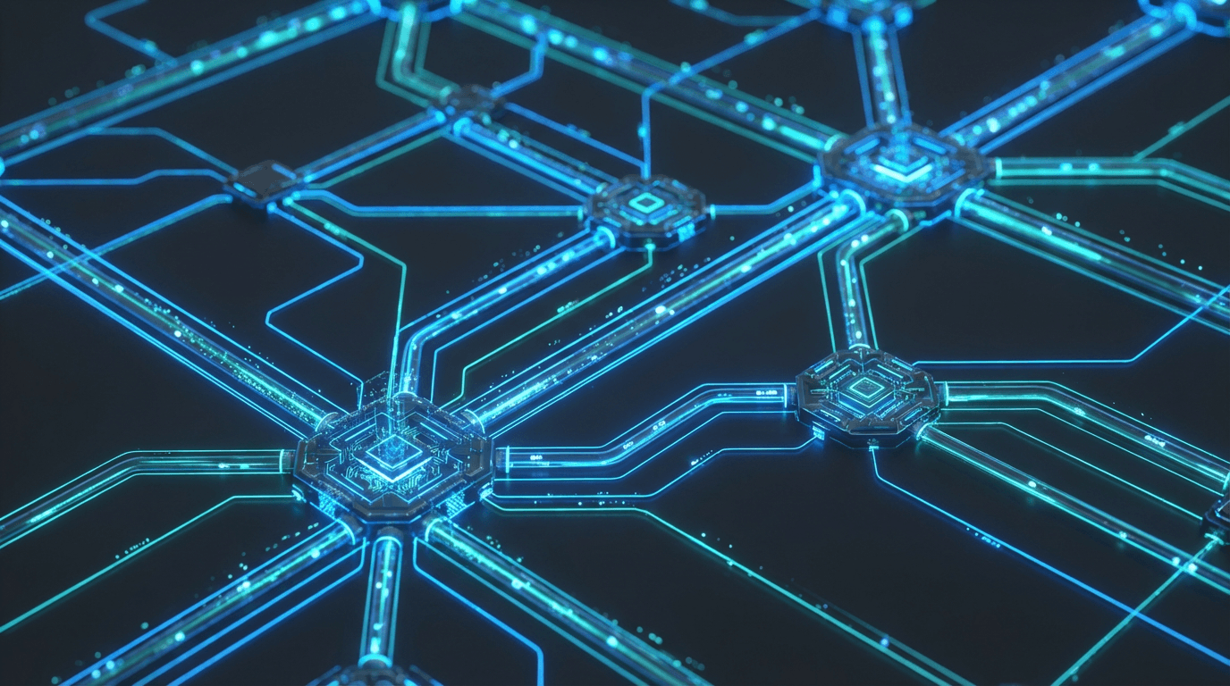 Abstract neon blue digital logistics network with pulsing nodes and flowing connecting lines representing fuel distribution system.