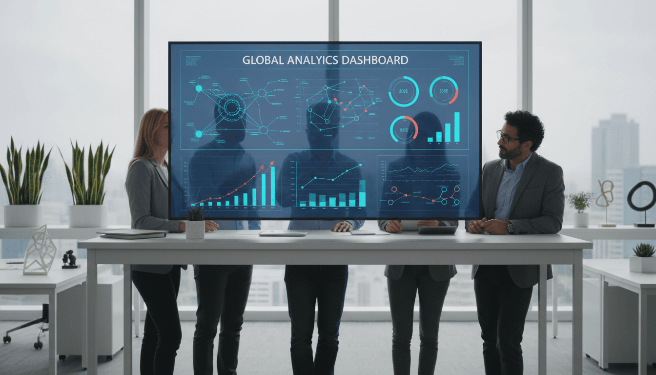 Two professionals reviewing analytics on a large screen in a modern office