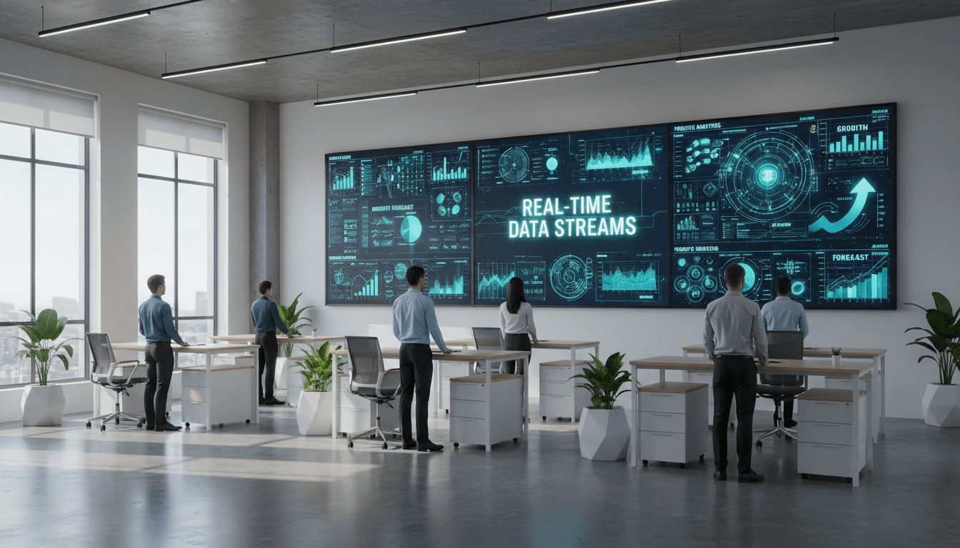 Professional office with data analytics screen