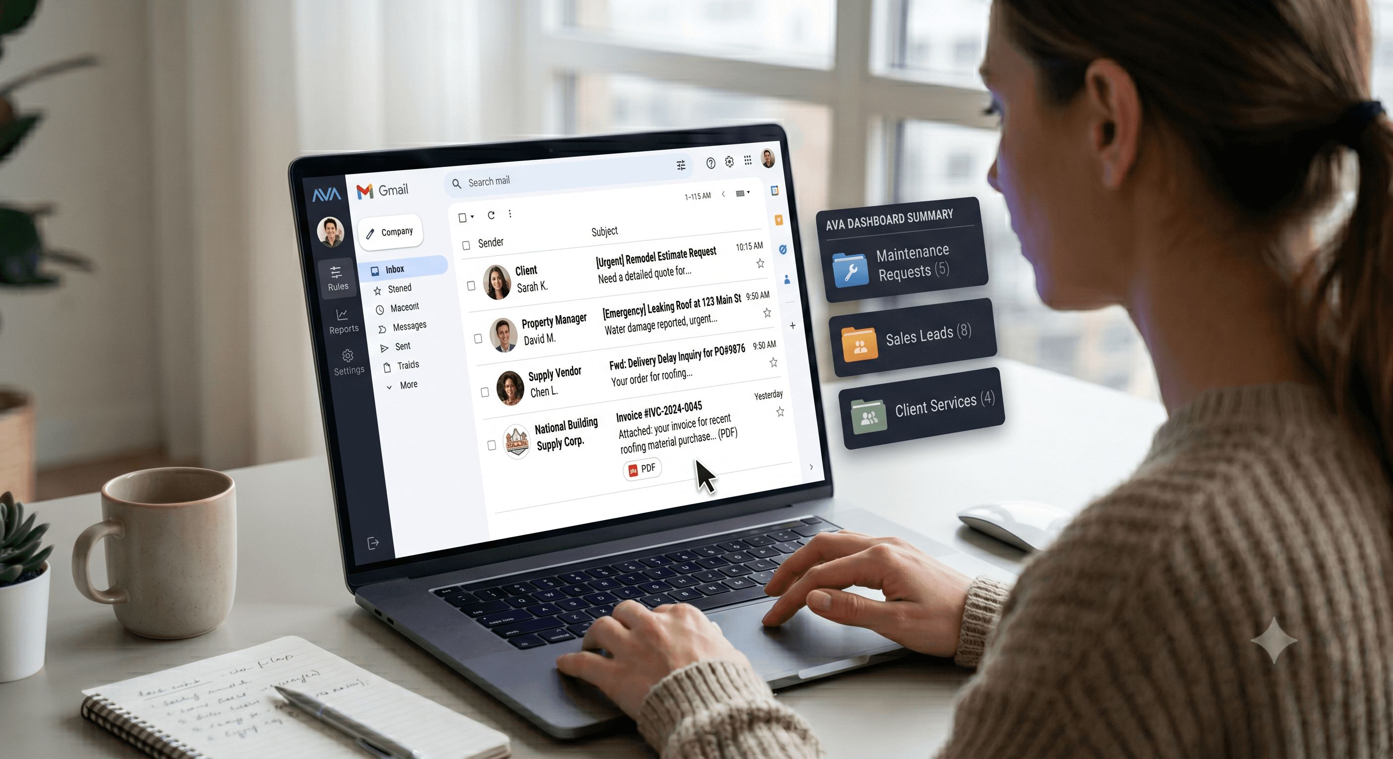 Woman using a laptop displaying a Gmail inbox with an AI dashboard summary overlay.