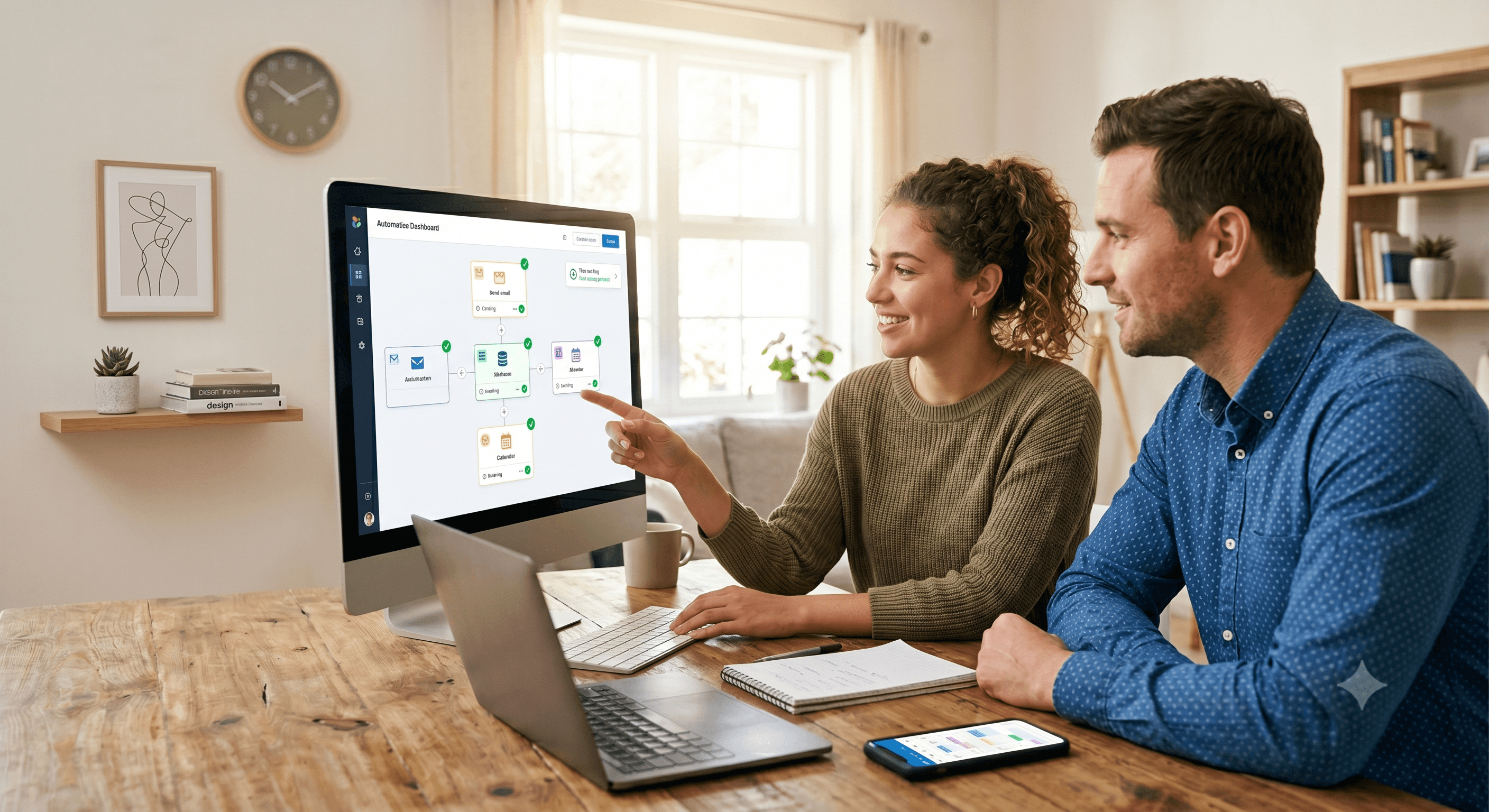 Man and woman collaborating on a digital automation flowchart displayed on a computer monitor.